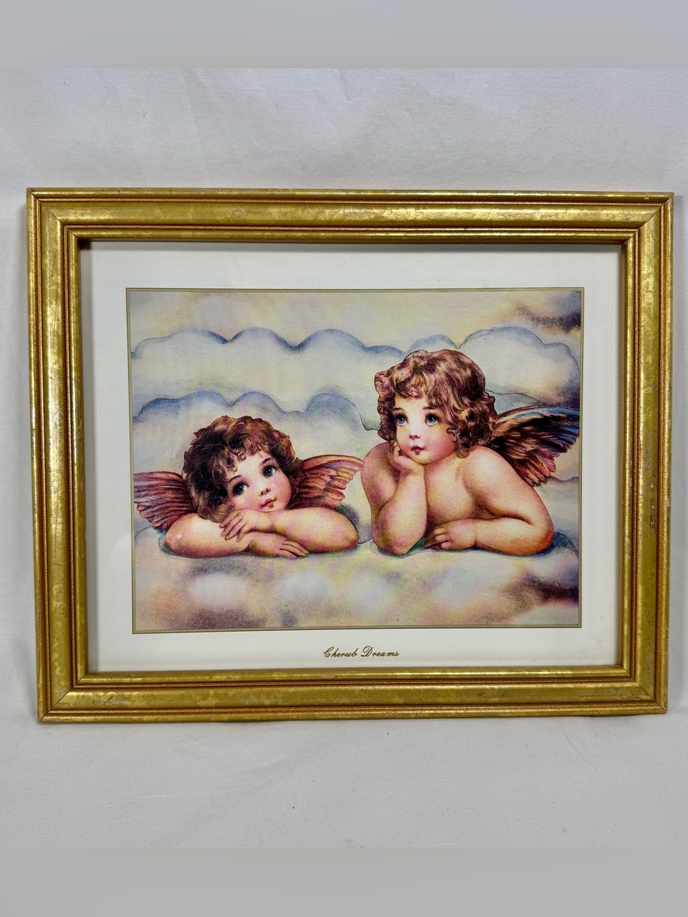 Vintage "Cherub Dreams" Framed Angel Print, Gold Wood Frame, coquette decor